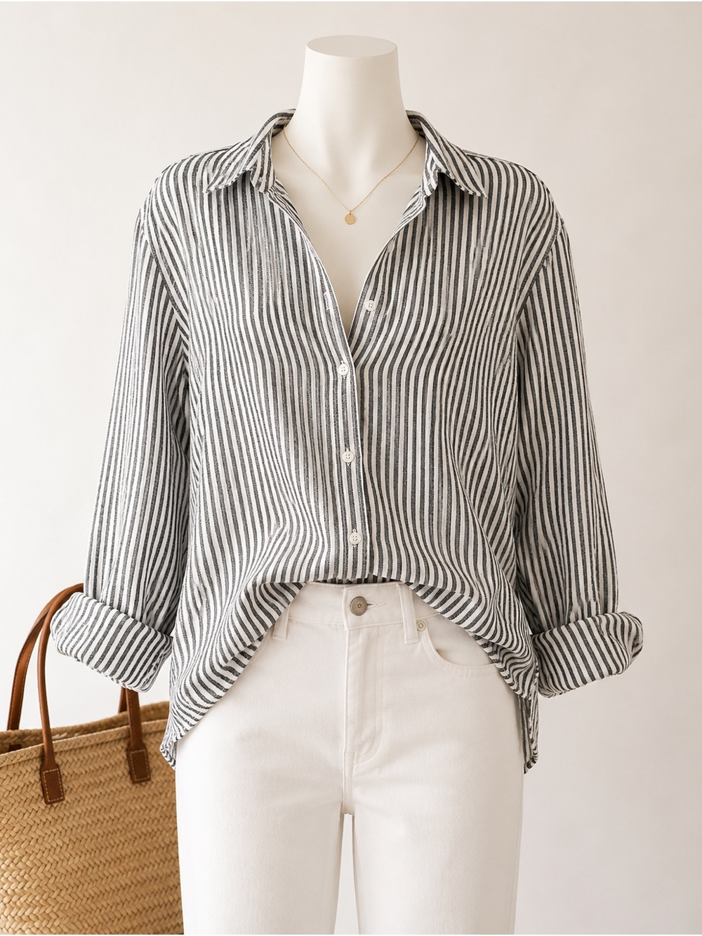 Donna Karan Weekend Linen Blend Striped Button Down Shirt L